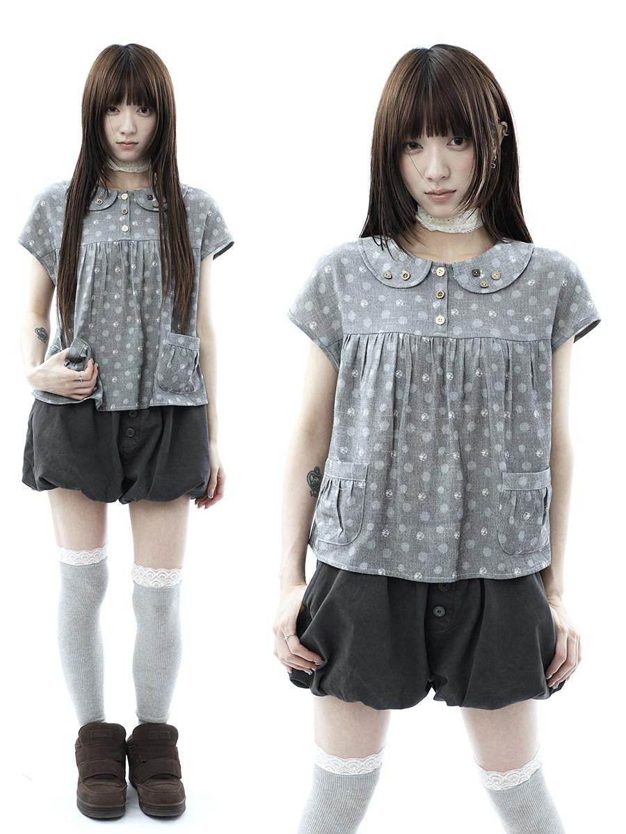 ang project Gray Polka Dot Doll Collar Wooden Button Pleated Pocket Women&