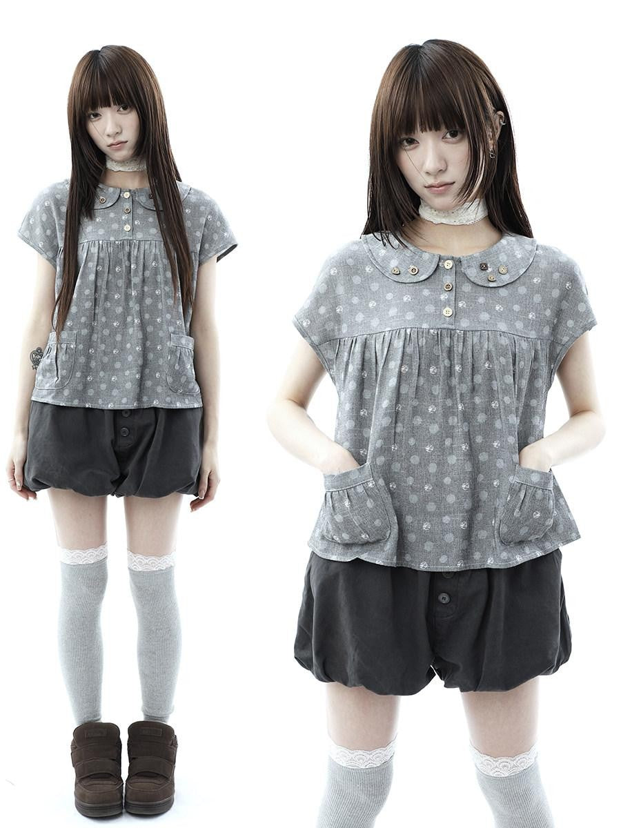 ang project Gray Polka Dot Doll Collar Wooden Button Pleated Pocket Women&