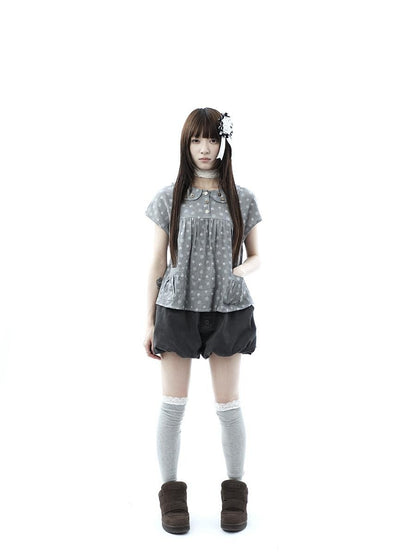 ang project Gray Polka Dot Doll Collar Wooden Button Pleated Pocket Women&