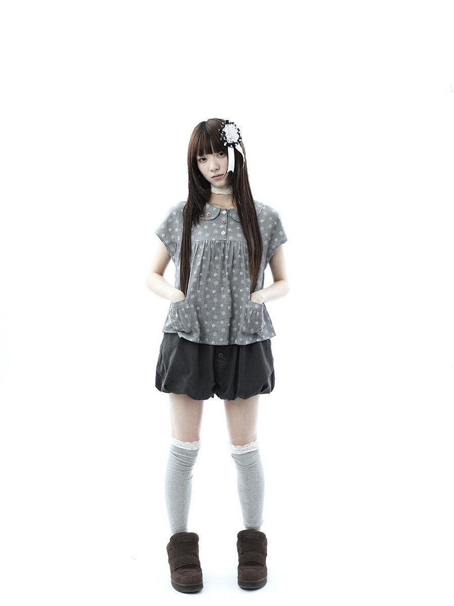 ang project Gray Polka Dot Doll Collar Wooden Button Pleated Pocket Women&