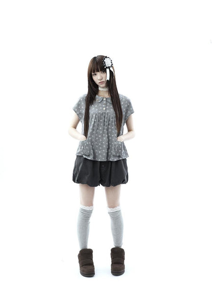 ang project Gray Polka Dot Doll Collar Wooden Button Pleated Pocket Women&