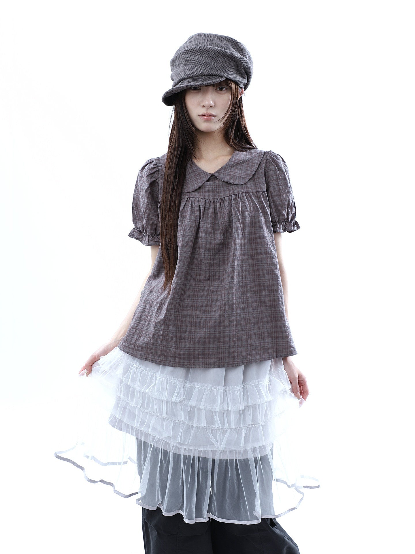 ang_project_Gray_Purple_Gingham_Doll_Collar_Puff_Sleeve_Contrast_Women&