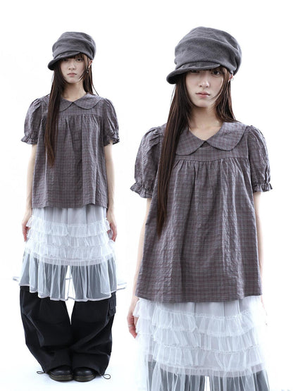 ang project Gray Purple Gingham Doll Collar Puff Sleeve Contrast Women&