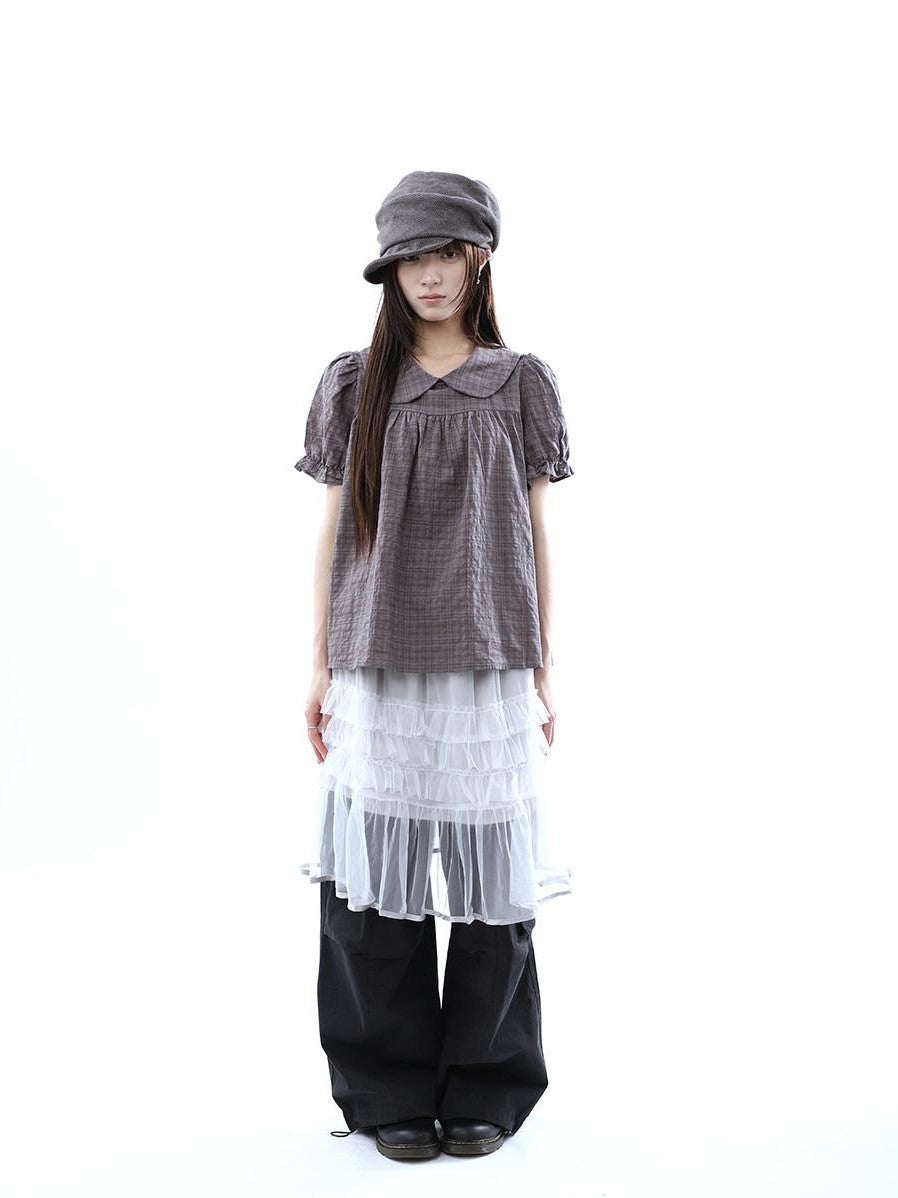 ang project Gray Purple Gingham Doll Collar Puff Sleeve Contrast Women&