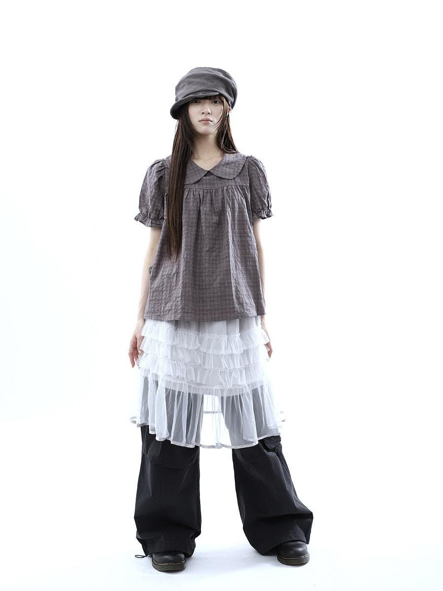 ang project Gray Purple Gingham Doll Collar Puff Sleeve Contrast Women&