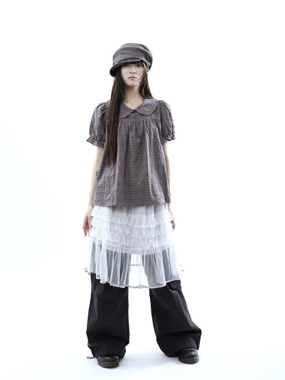 ang project Gray Purple Gingham Doll Collar Puff Sleeve Contrast Women&