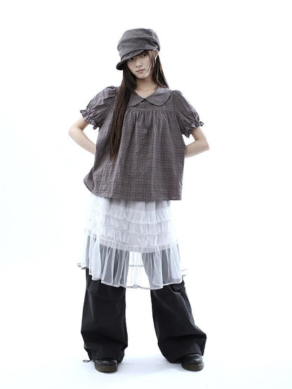 ang project Gray Purple Gingham Doll Collar Puff Sleeve Contrast Women&