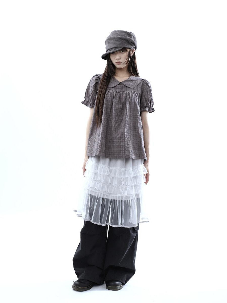 ang project Gray Purple Gingham Doll Collar Puff Sleeve Contrast Women&