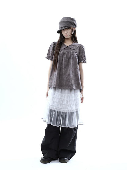 ang project Gray Purple Gingham Doll Collar Puff Sleeve Contrast Women&