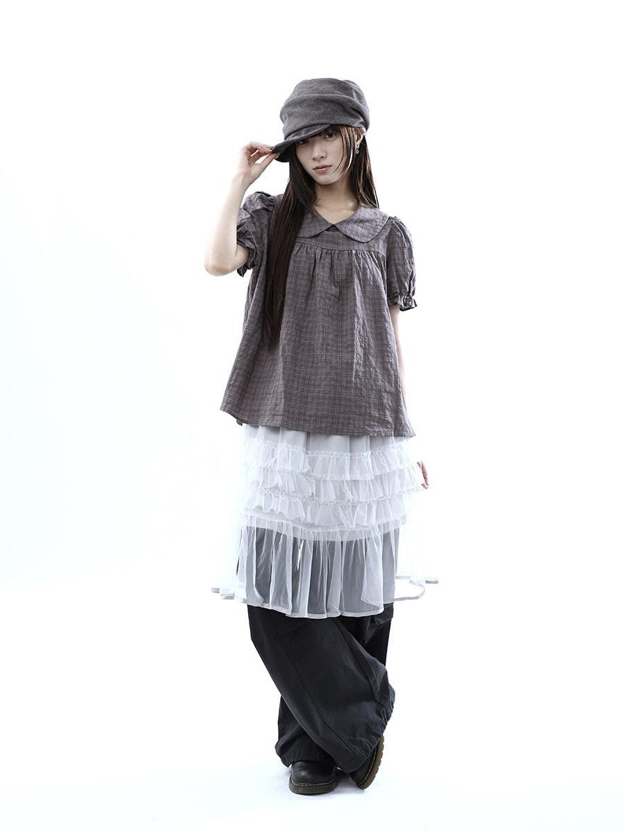 ang project Gray Purple Gingham Doll Collar Puff Sleeve Contrast Women&
