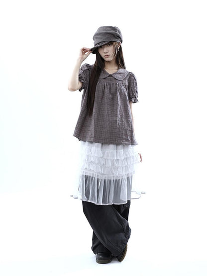 ang project Gray Purple Gingham Doll Collar Puff Sleeve Contrast Women&