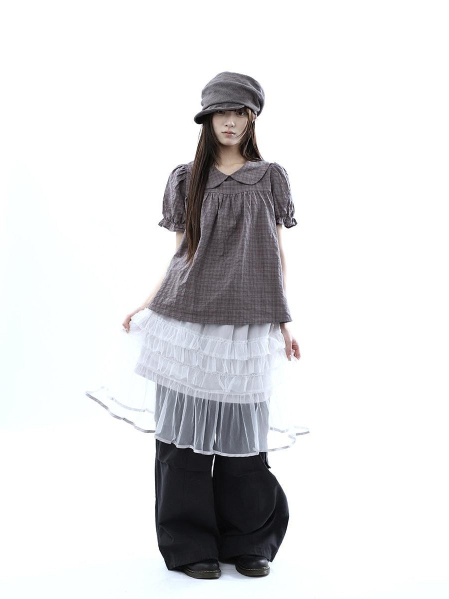 ang project Gray Purple Gingham Doll Collar Puff Sleeve Contrast Women&