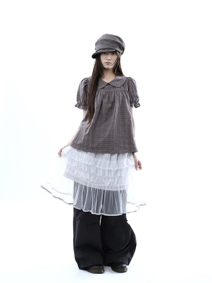 ang project Gray Purple Gingham Doll Collar Puff Sleeve Contrast Women&