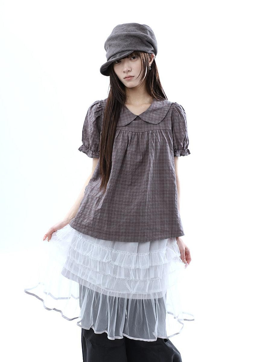ang project Gray Purple Gingham Doll Collar Puff Sleeve Contrast Women&