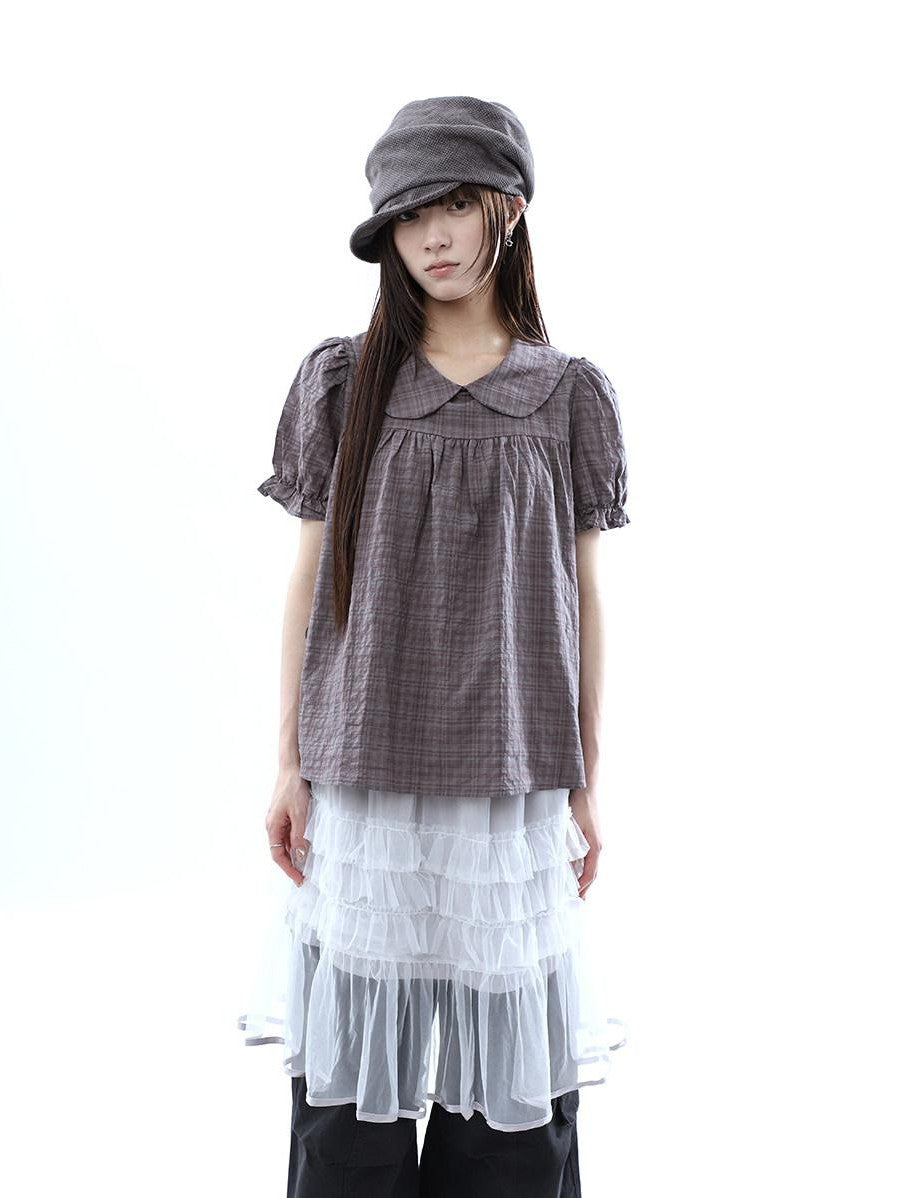 ang project Gray Purple Gingham Doll Collar Puff Sleeve Contrast Women&