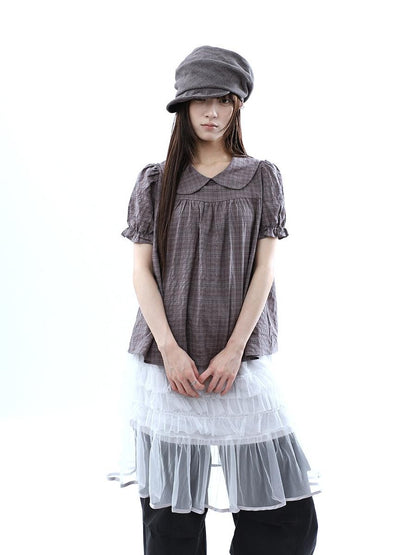 ang project Gray Purple Gingham Doll Collar Puff Sleeve Contrast Women&