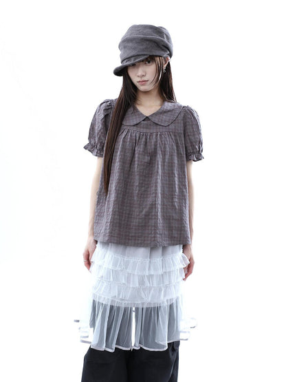 ang project Gray Purple Gingham Doll Collar Puff Sleeve Contrast Women&