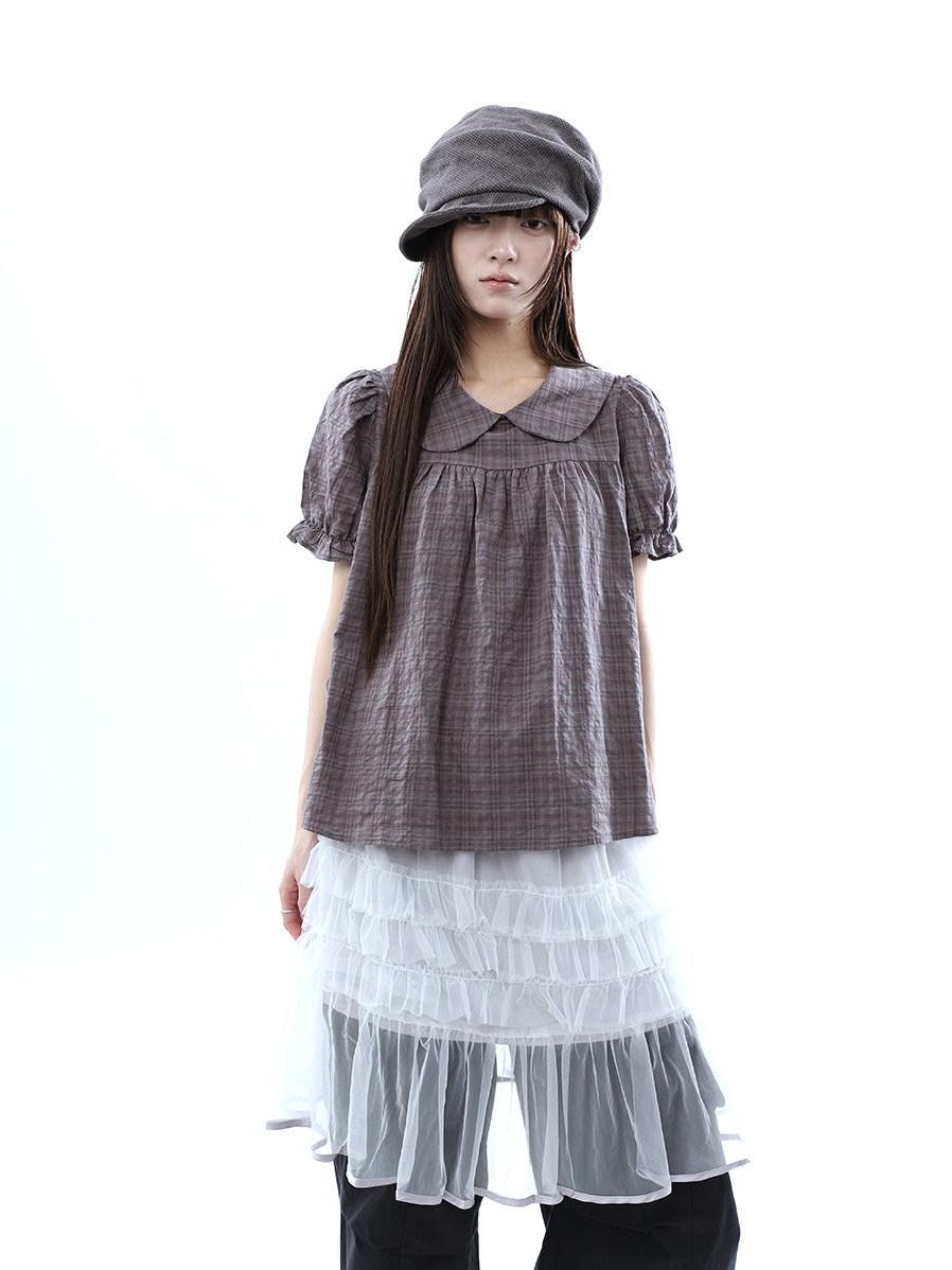 ang project Gray Purple Gingham Doll Collar Puff Sleeve Contrast Women&