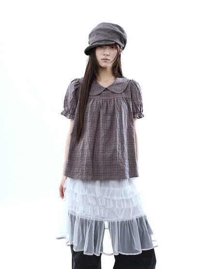ang project Gray Purple Gingham Doll Collar Puff Sleeve Contrast Women&