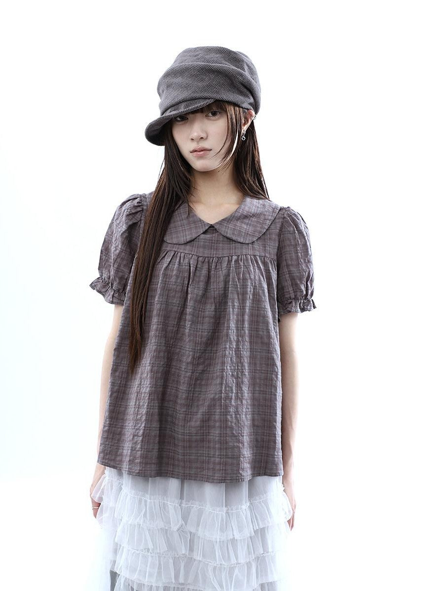 ang project Gray Purple Gingham Doll Collar Puff Sleeve Contrast Women&