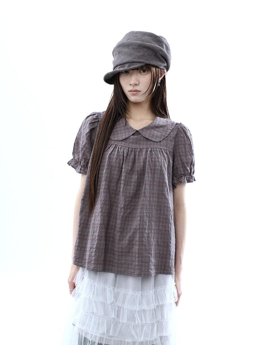 ang project Gray Purple Gingham Doll Collar Puff Sleeve Contrast Women&