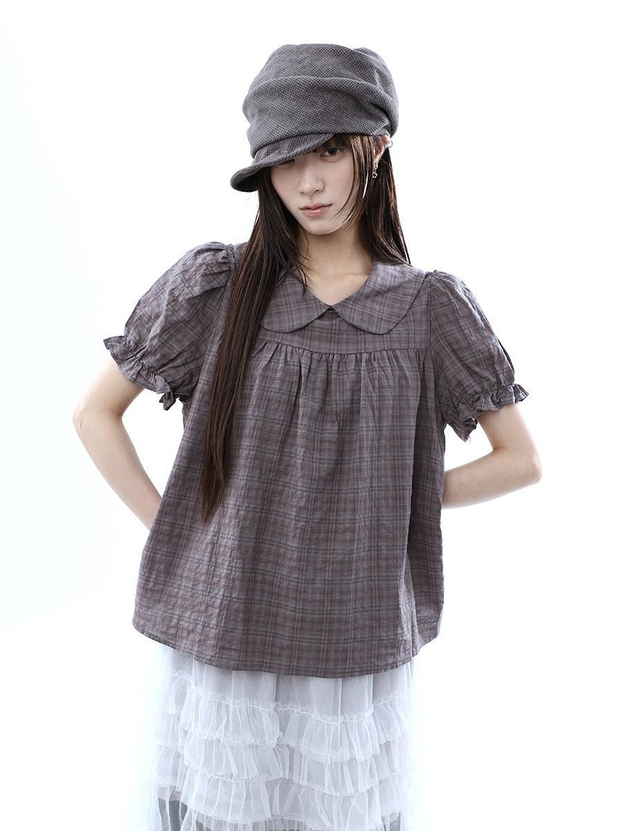 ang project Gray Purple Gingham Doll Collar Puff Sleeve Contrast Women&