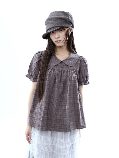 ang project Gray Purple Gingham Doll Collar Puff Sleeve Contrast Women&