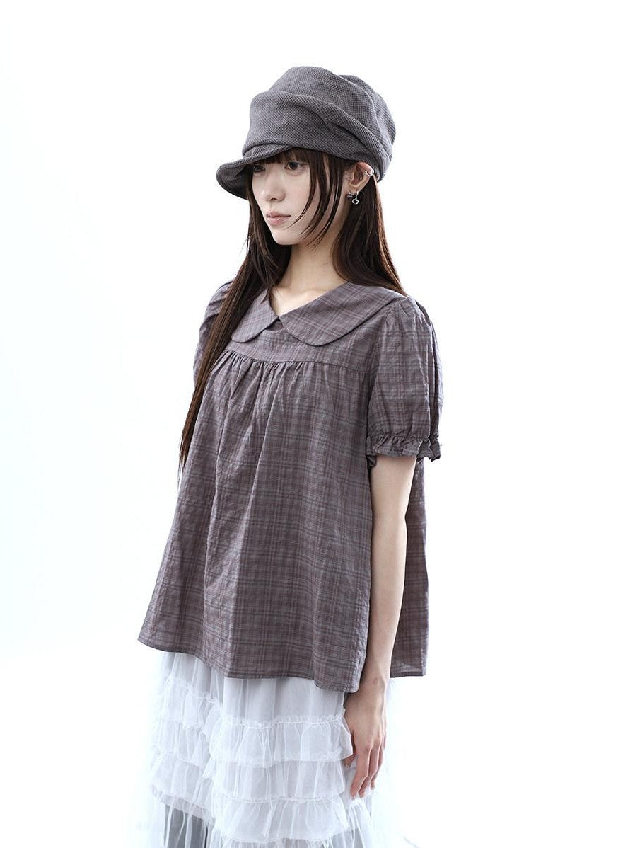 ang project Gray Purple Gingham Doll Collar Puff Sleeve Contrast Women&