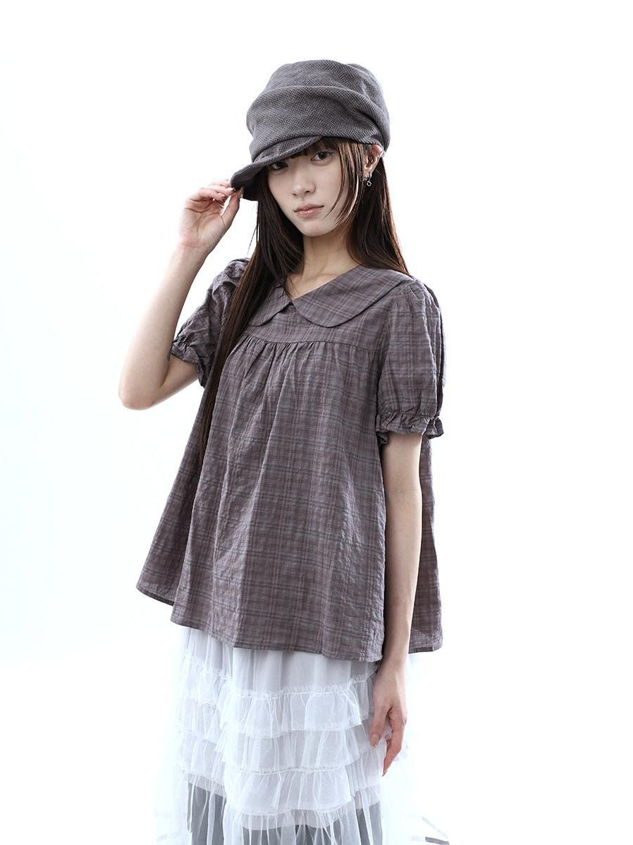 ang project Gray Purple Gingham Doll Collar Puff Sleeve Contrast Women&