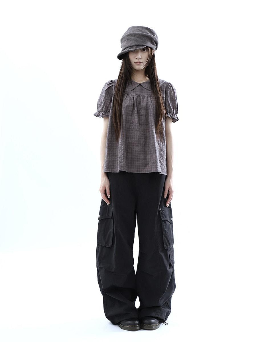 ang project Gray Purple Gingham Doll Collar Puff Sleeve Contrast Women&