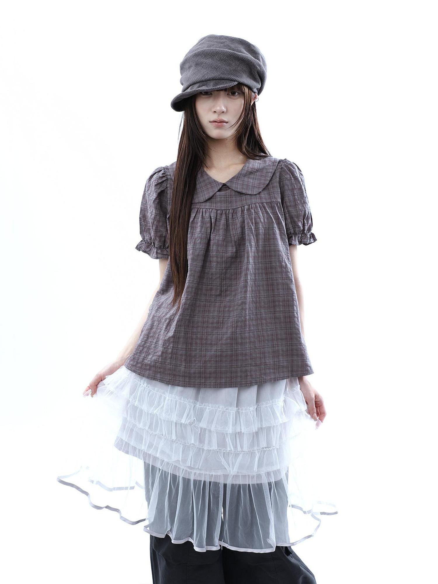 ang project Gray Purple Gingham Doll Collar Puff Sleeve Contrast Women&