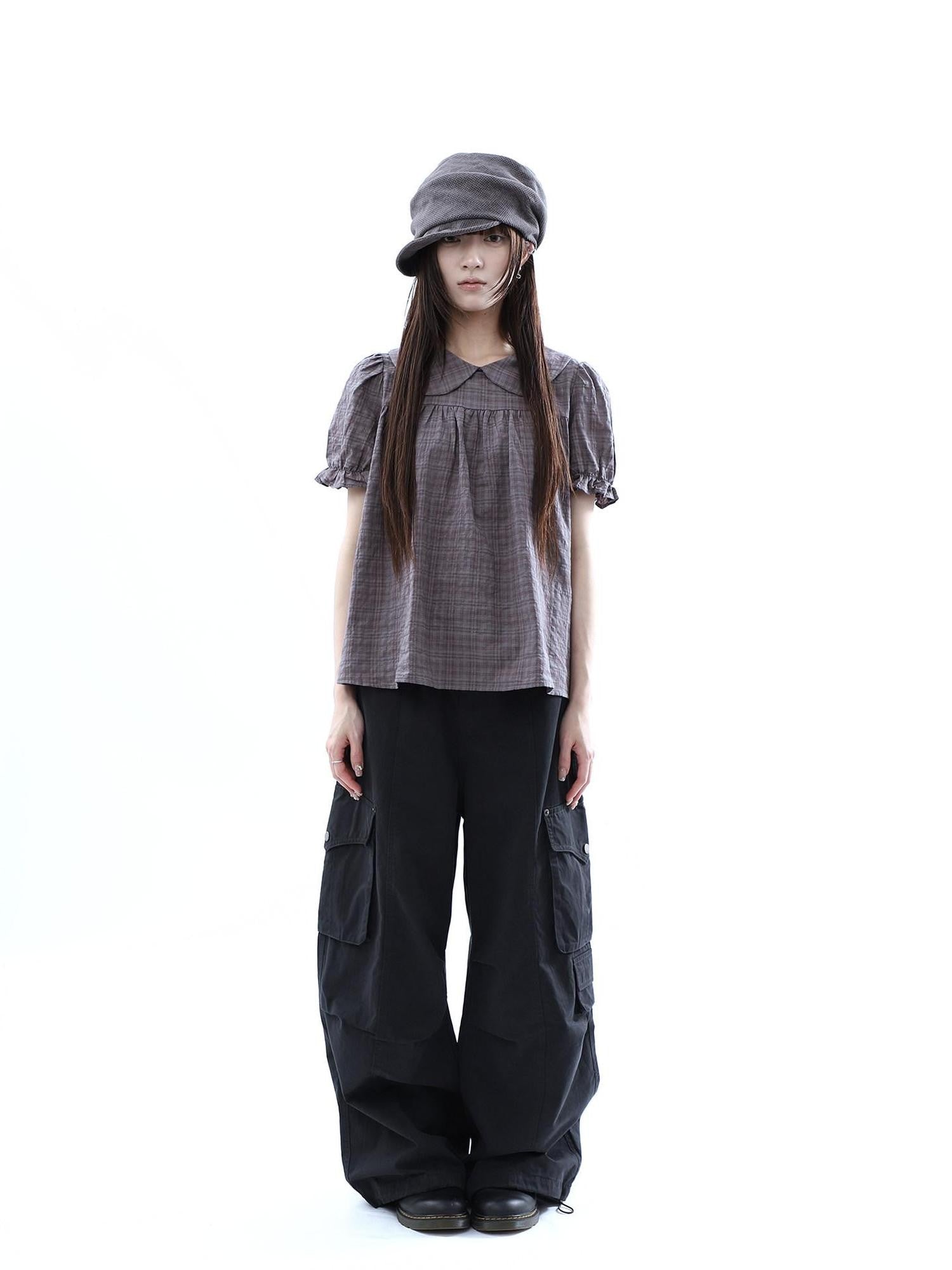 ang project Gray Purple Gingham Doll Collar Puff Sleeve Contrast Women&