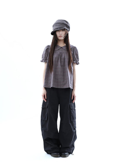 ang project Gray Purple Gingham Doll Collar Puff Sleeve Contrast Women&