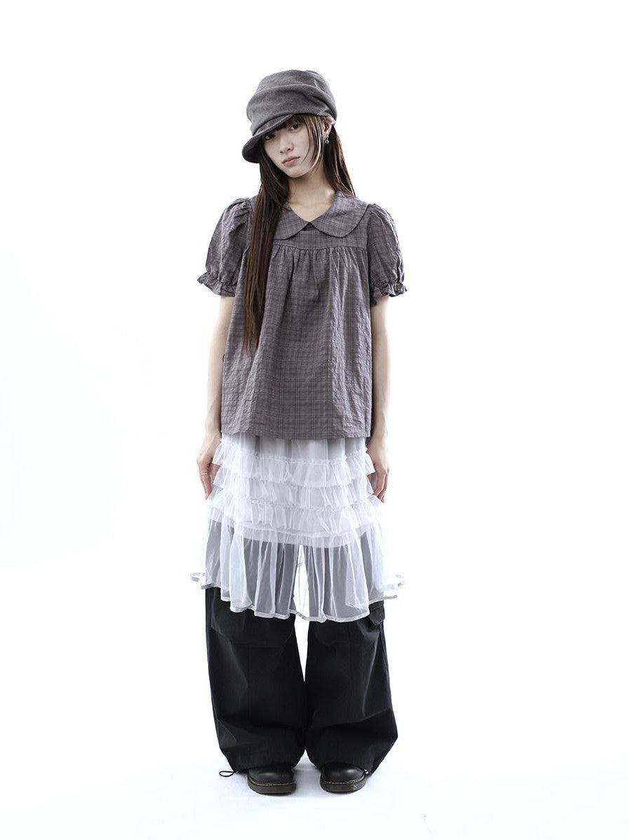 ang project Gray Purple Gingham Doll Collar Puff Sleeve Contrast Women&