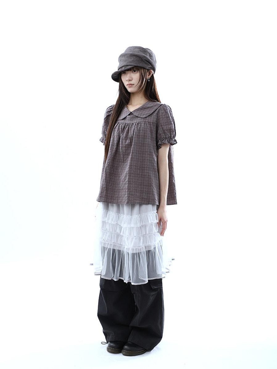 ang project Gray Purple Gingham Doll Collar Puff Sleeve Contrast Women&