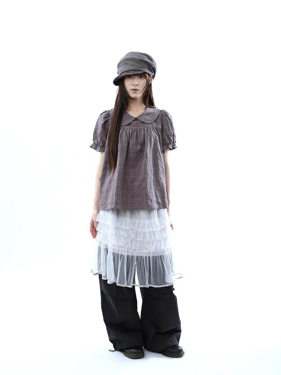 ang project Gray Purple Gingham Doll Collar Puff Sleeve Contrast Women&