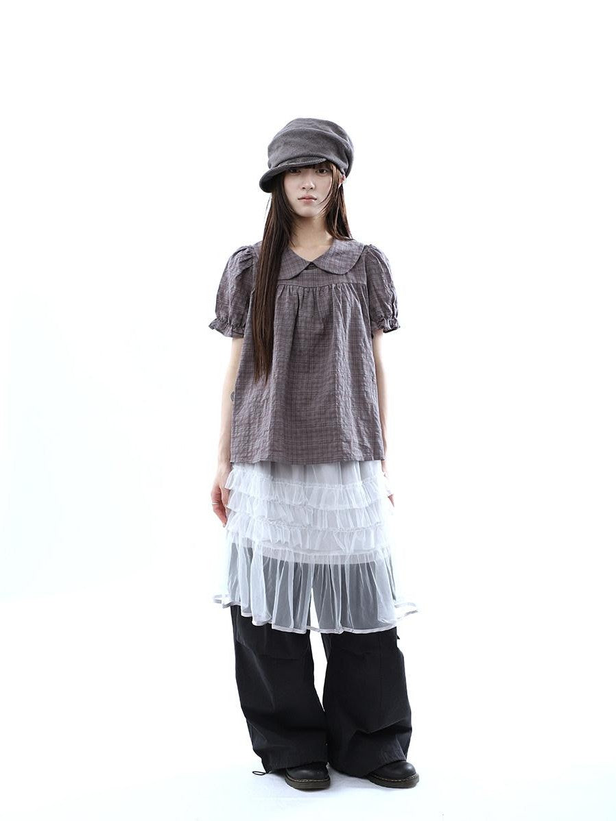 ang project Gray Purple Gingham Doll Collar Puff Sleeve Contrast Women&