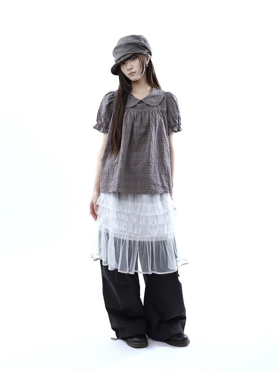 ang project Gray Purple Gingham Doll Collar Puff Sleeve Contrast Women&