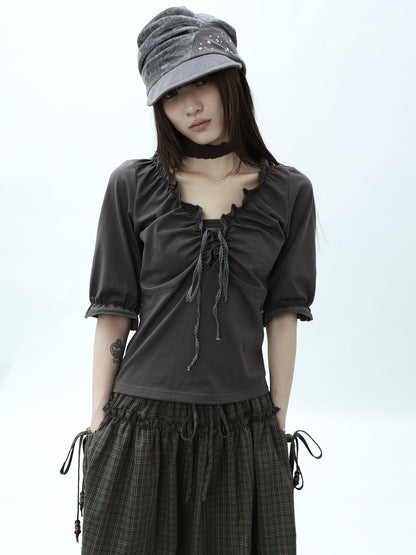 ang_project_Gray_Ruched_Ruffle_Tie_V-neck_Cropped_Slim_Women&