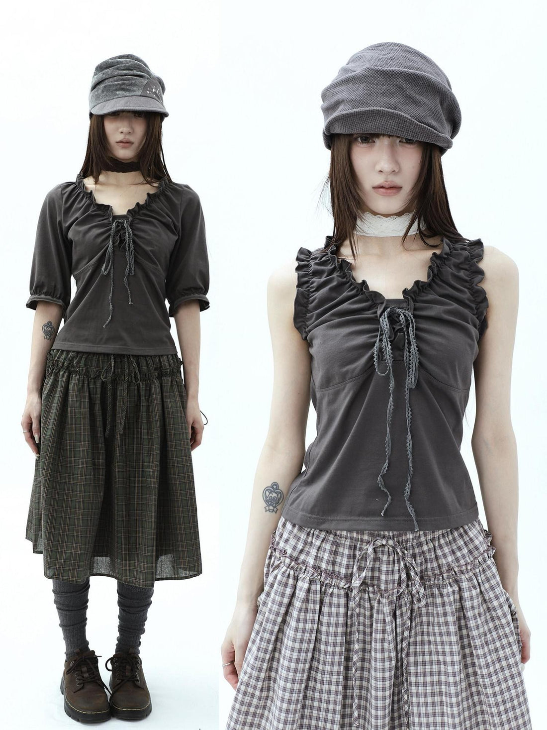 ang project Gray Ruched Ruffle Tie V-neck Cropped Slim Women&
