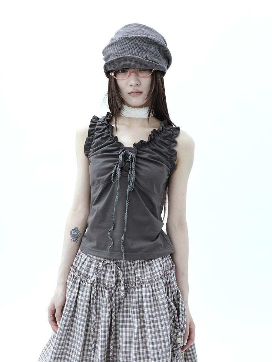 ang project Gray Ruched Ruffle Tie V-neck Cropped Slim Women&