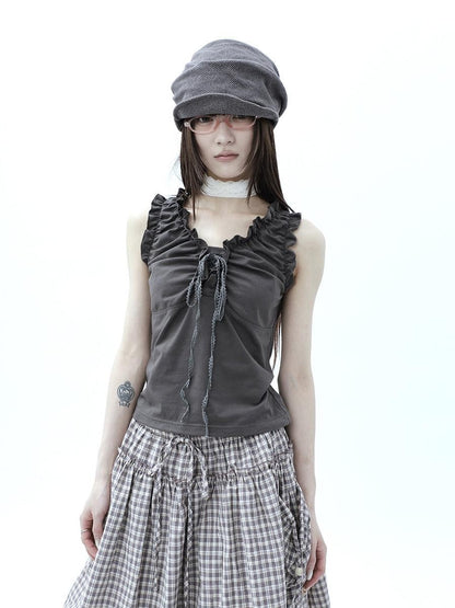 ang project Gray Ruched Ruffle Tie V-neck Cropped Slim Women&
