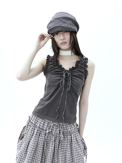 ang project Gray Ruched Ruffle Tie V-neck Cropped Slim Women&
