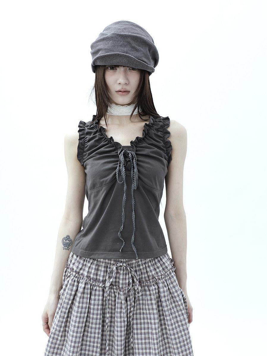 ang project Gray Ruched Ruffle Tie V-neck Cropped Slim Women&