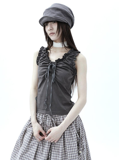 ang project Gray Ruched Ruffle Tie V-neck Cropped Slim Women&