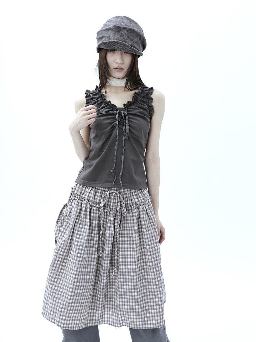 ang project Gray Ruched Ruffle Tie V-neck Cropped Slim Women&