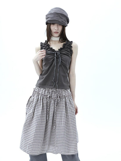 ang project Gray Ruched Ruffle Tie V-neck Cropped Slim Women&