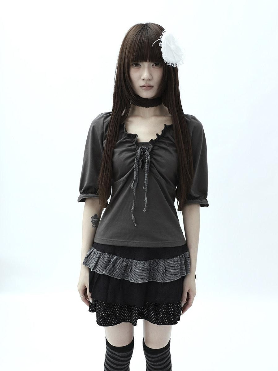 ang project Gray Ruched Ruffle Tie V-neck Cropped Slim Women&