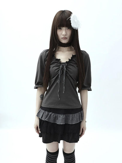ang project Gray Ruched Ruffle Tie V-neck Cropped Slim Women&