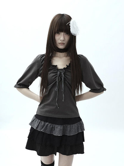ang project Gray Ruched Ruffle Tie V-neck Cropped Slim Women&